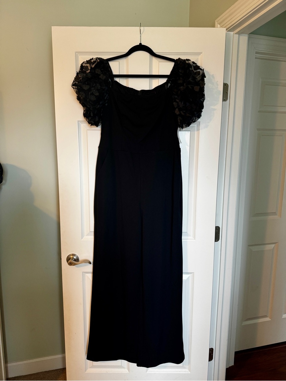 Premier Amour Black Puff-Sleeve Jumpsuit with Floral Tulle Detail 16